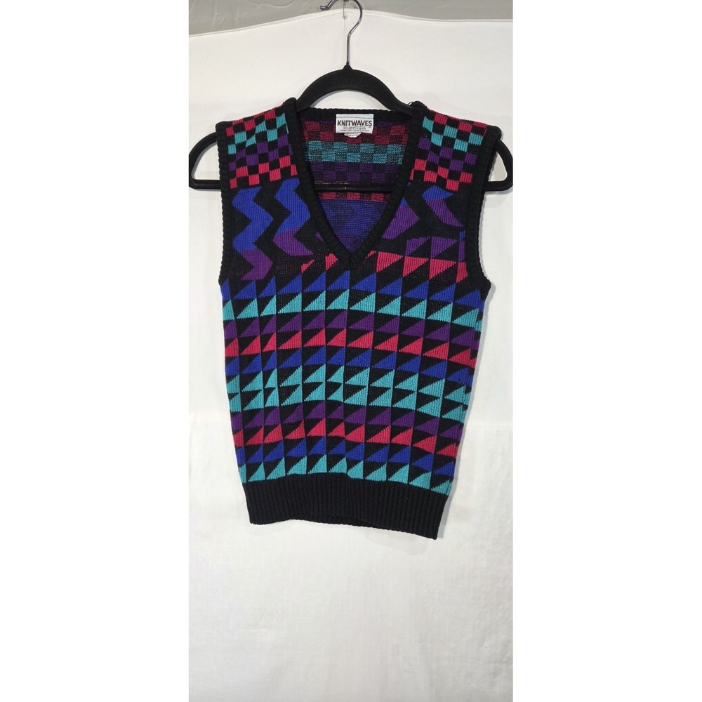 Knitwaves Sweater Vest Womens XS Multicolor Excellent Vintage 80s Geometric USA